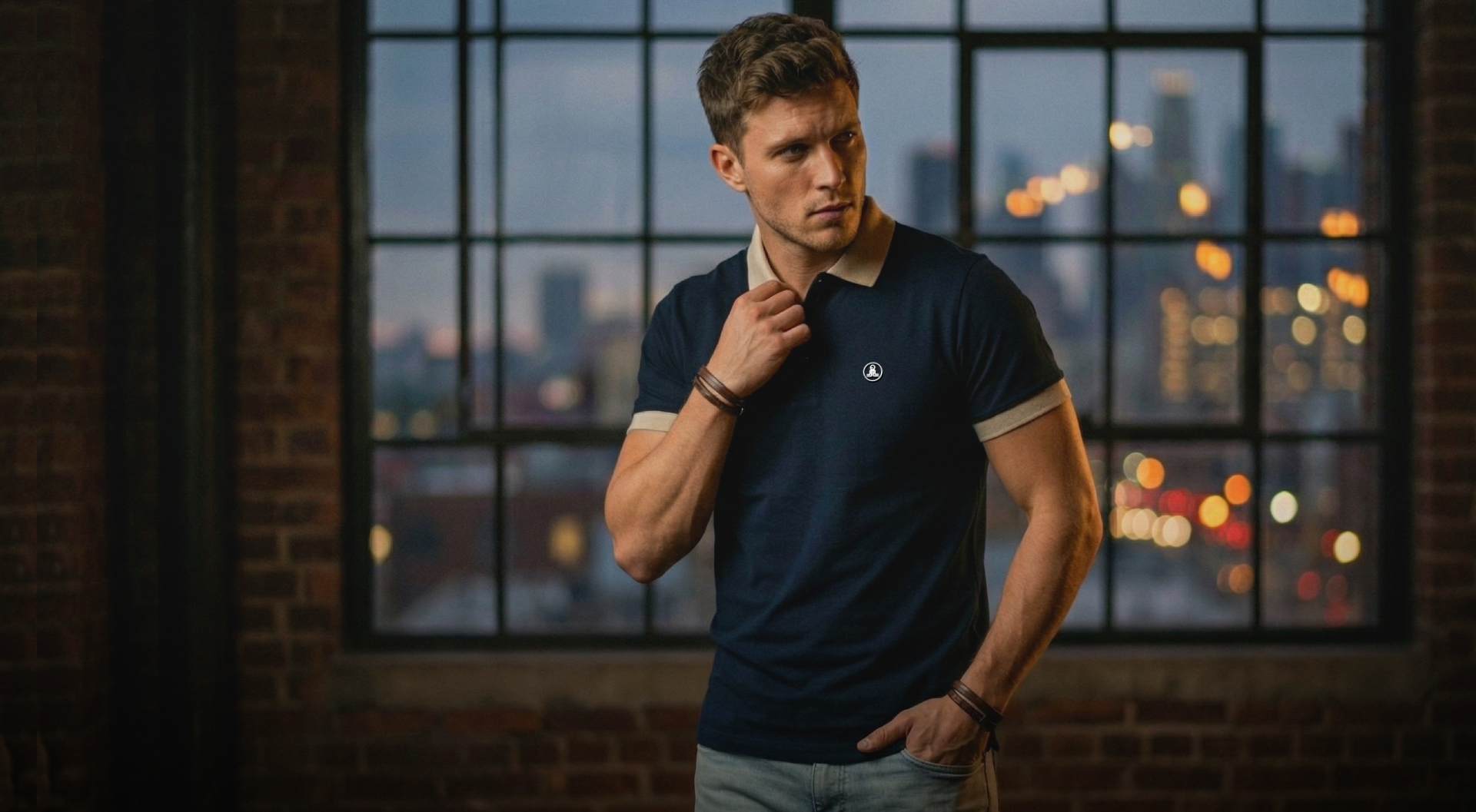 Hombre vistiendo playera polo Epidemic con escudo en el pecho