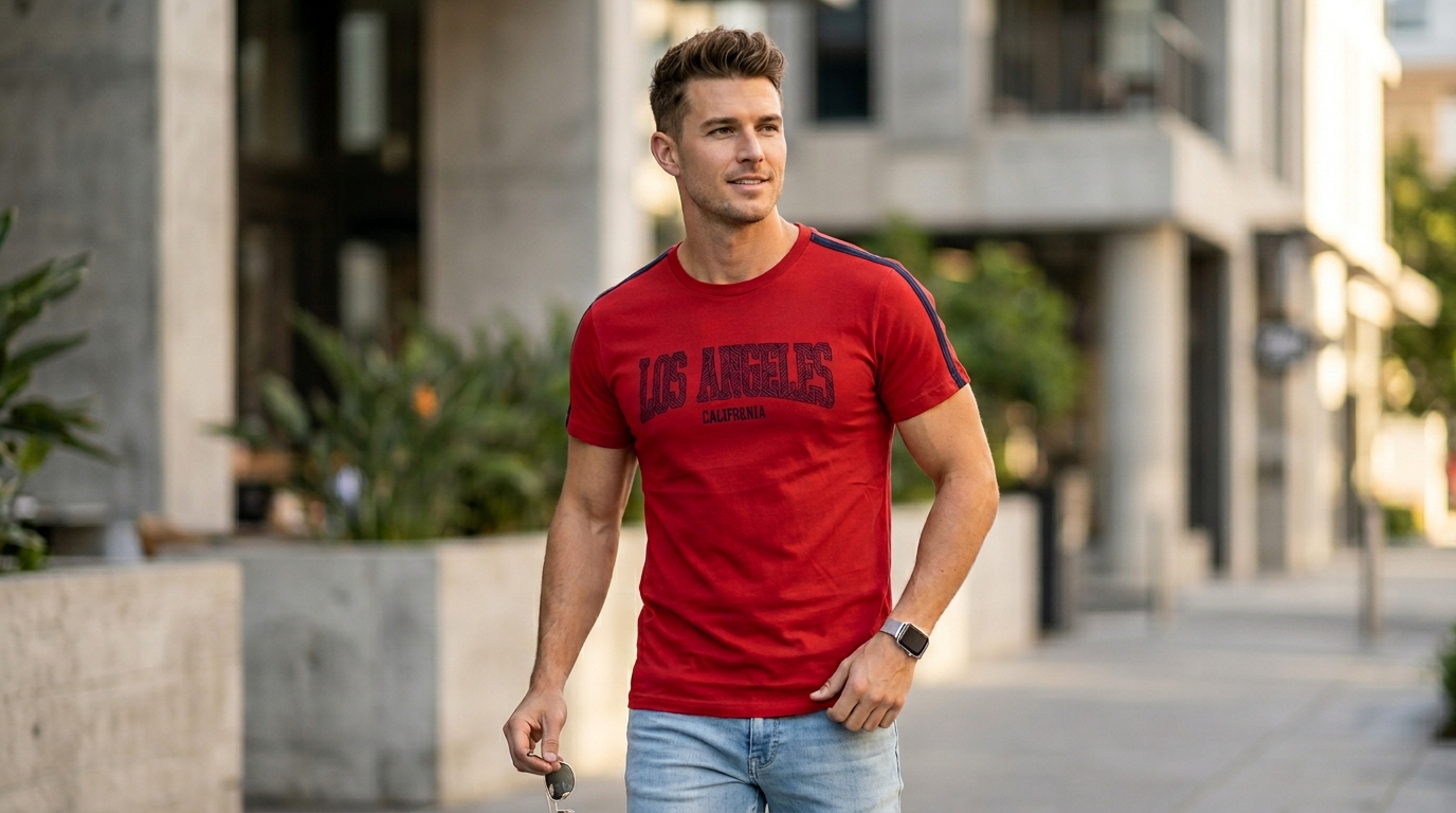 Joven vistiendo una playera roja Marca Epidemic